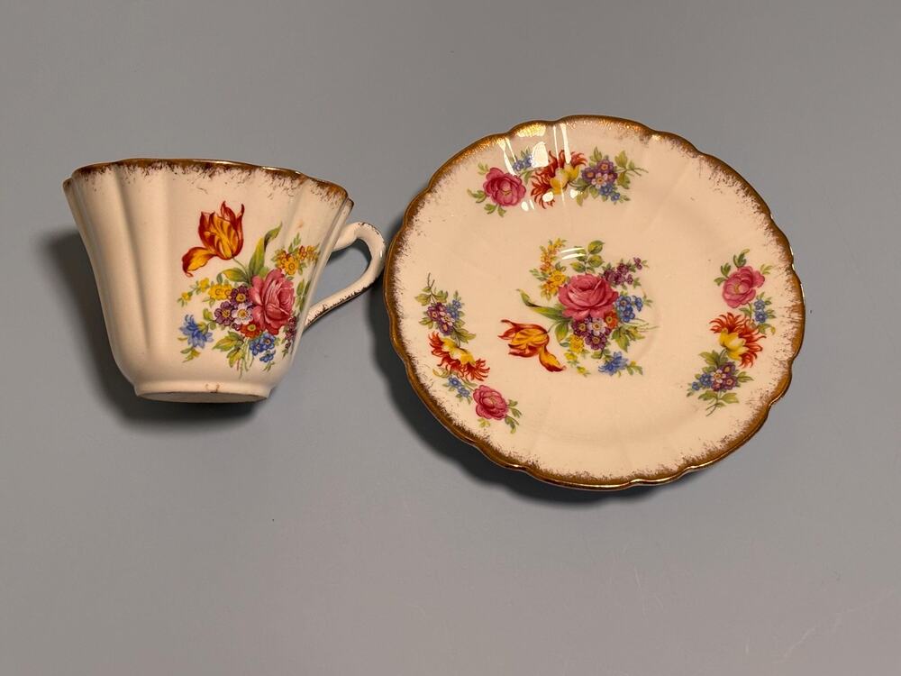 Gladstone Fine Bone China Cup and Saucer Floral White Pink Gold England Vintage